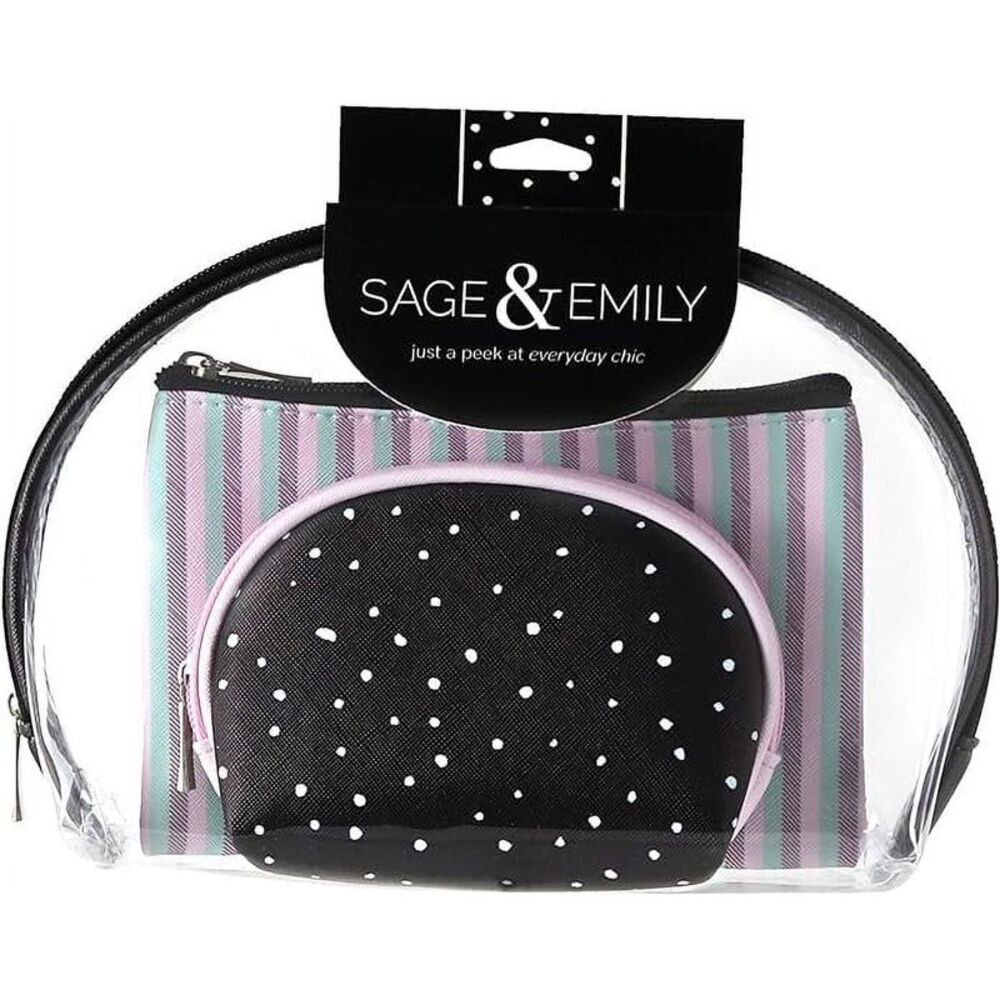 Sage & Emily 3 Piece Vinyl Travel Cosmetic Bag Set, Clear/Pink/Black/Green